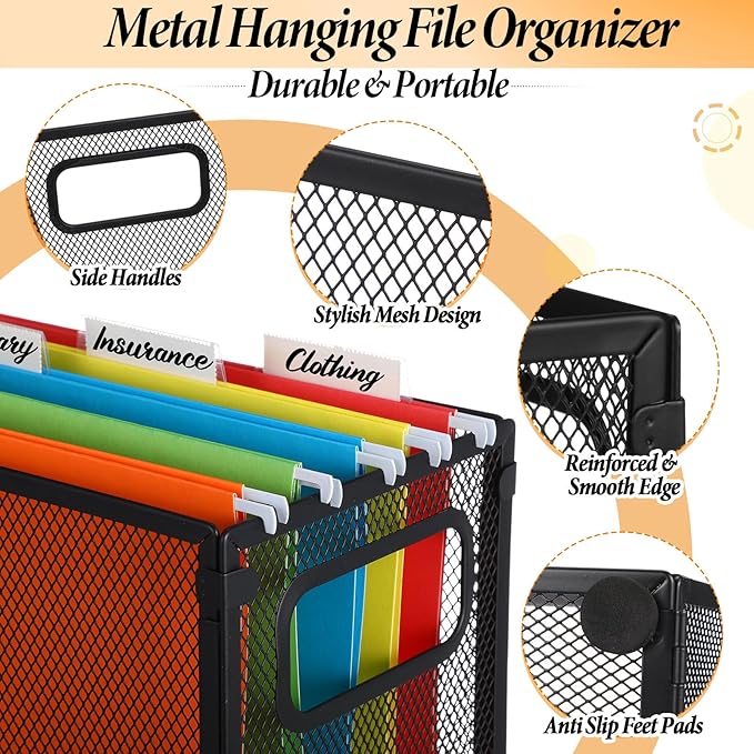 2 Pack Hanging File Holder, 10 Hanging Folders, Metal Mesh, Letter Size Folder Storage, Desktop Storage Cabinets, Office School Document(Multicolor,Small)