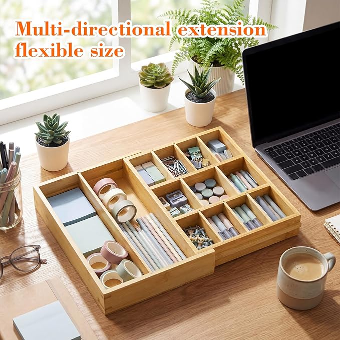 Bamboo Sliding Desk Drawer Organizer 8.6'' up to 17'' x 12'' x 2.2'' Expandable Office Desk Accessories Supplies Tray with 11 Compartments for Pens, Notebooks, Rulers, and Makeup Jewelry Vanity