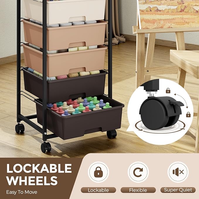 6 Drawer Rolling Storage Cart with Wooden Top and Wheels for Crafts,Brown | Easy Setup, Large Capacity, Sturdy Build, Lockable Mobility, For office, classroom and art studio supplies