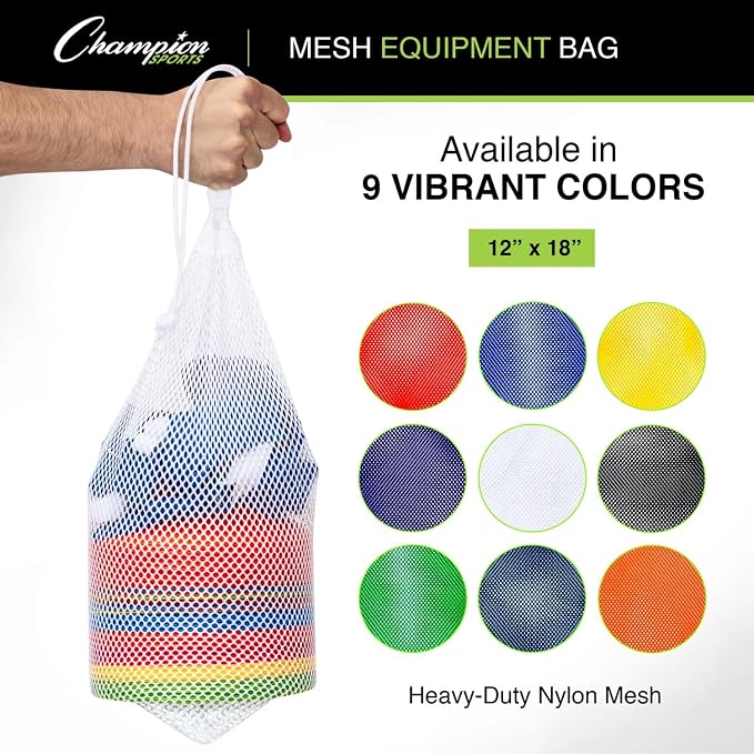 Champion Sports Mesh Equipment Bag – Heavy-Duty Nylon Drawstring Bag with Lock & ID Tag, Breathable Storage Sack for Balls, Swim Gear, Laundry & Toys, Multiple Sizes & Colors