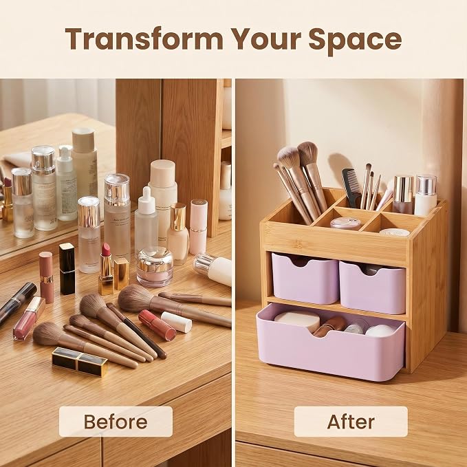 Bamboo Makeup Organizer with 3 Pink Drawers, Dresser Cosmetic Organizer Box,Bamboo Desk Organizer for Home with Adjustable Dividers