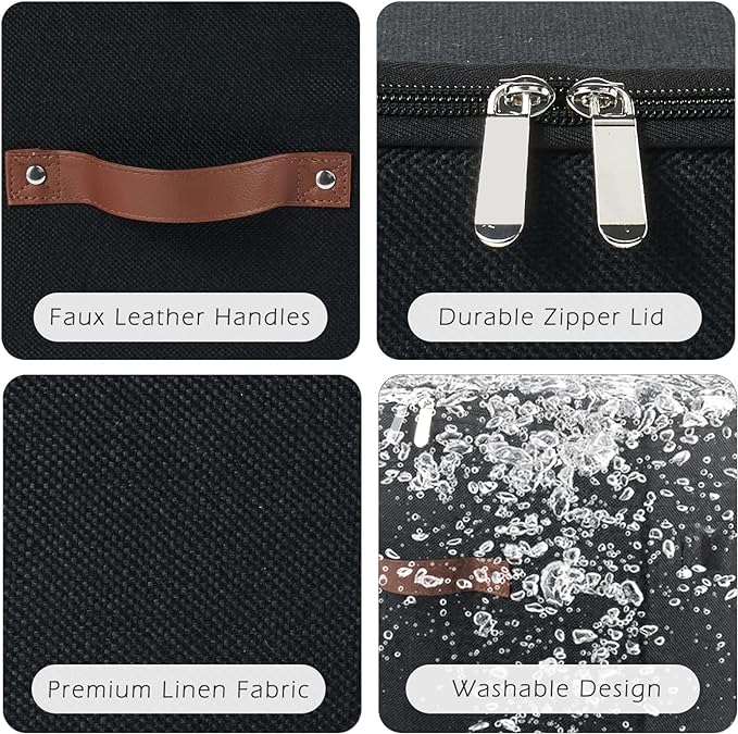 2 Pack Storage Bins with Zipper Lid Cotton Linen Fabric Lidded Storage Baskets Boxes Foldable Washable Closet Shelf Clothes Organizer Container with PU Leather Handles (Black, Small Size)