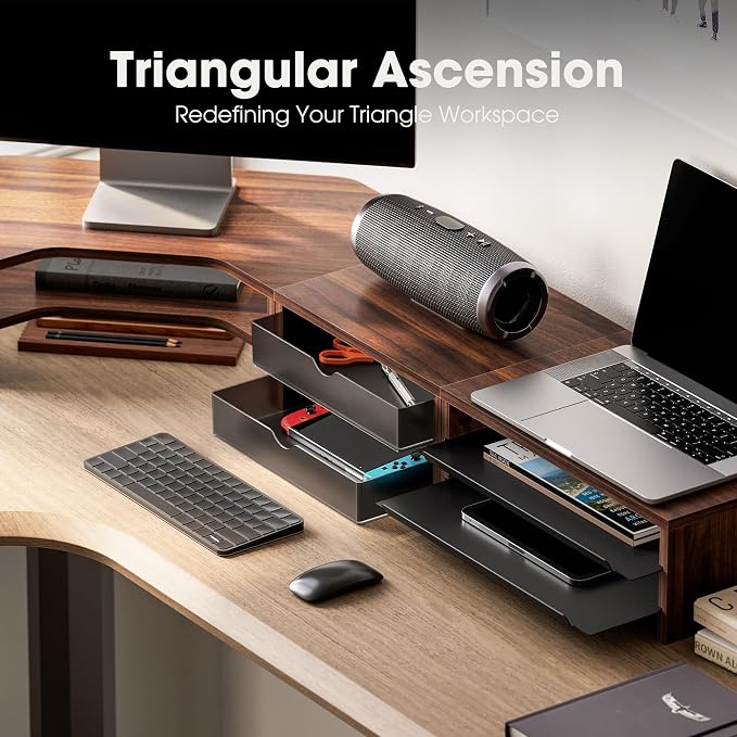 Fenge Dual Monitor Stand, 2-Tier Corner Monitor Riser with Drawer and Slide-out Tray, Triangle Desktop Shelf Organizer for Laptop Computer Printer Home Office Desk, Brown