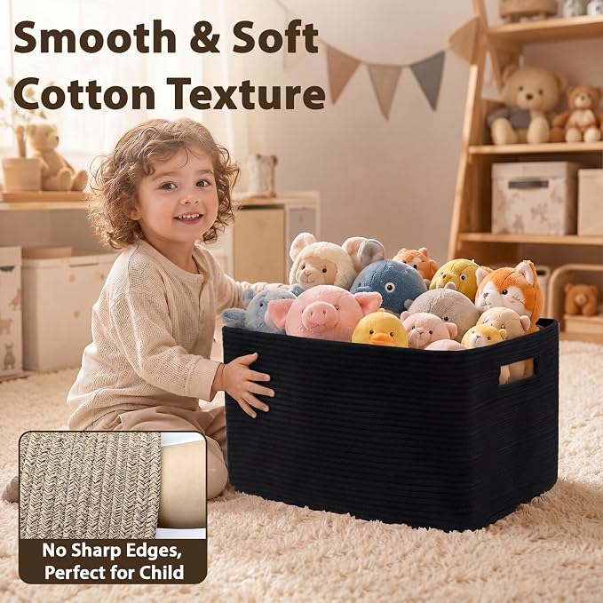 Optish 95L Large Blanket Basket, Woven Storage Baskets with Reinforced Handles, Rope Laundry Basket for Living Room, Bedroom, Nursery, Toys, Clothes,Pillows, 24” x 17” x 13.5”, Black