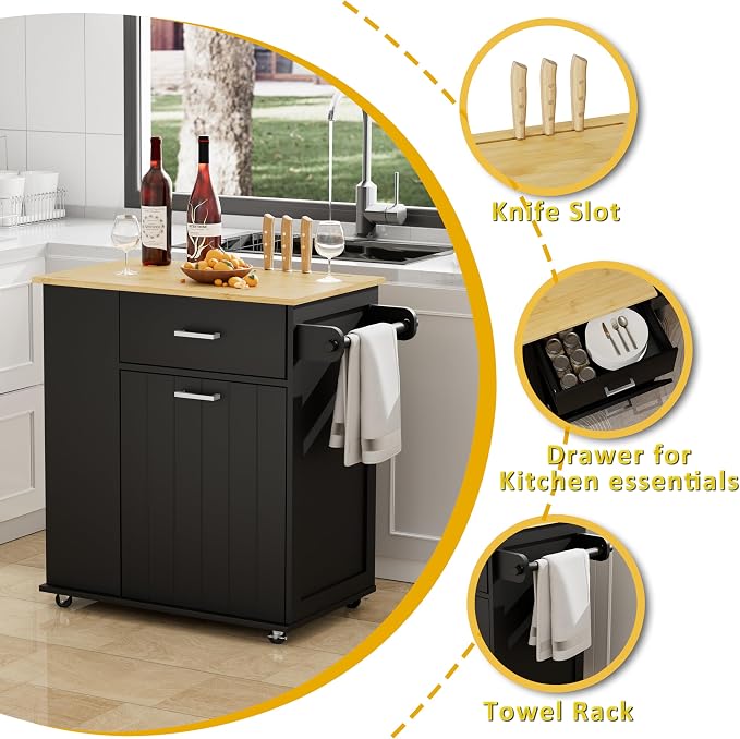 HQZX Rolling Kitchen Island with Trash Can Storage, Portable Kitchen Island on Wheels with Towel Rack & Spice Rack, Tilt Out Trash Can Cabinet with Drawer, Mobile Island Cart (Black)