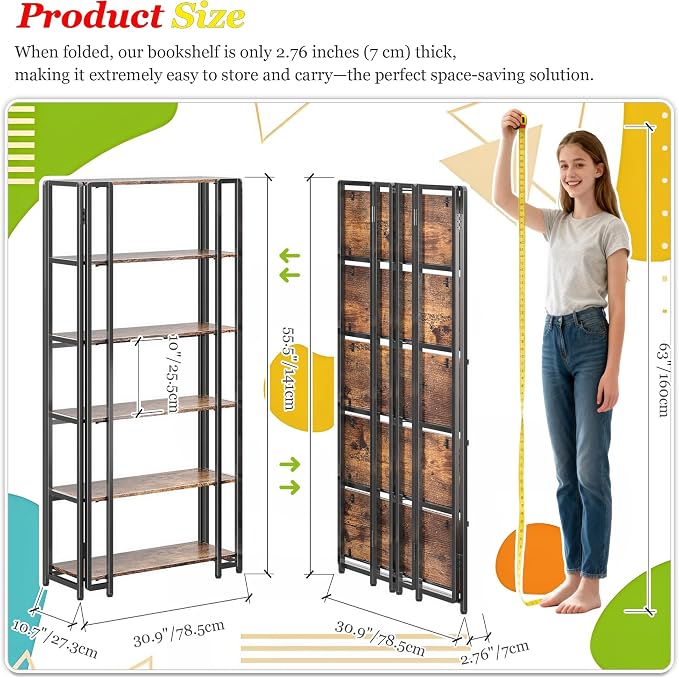UDD 6 Tier Wide Folding Bookshelf No Tools Assembly, 55.5" H x 30.9" W, Foldable Book Shelf Vintage Collapsible Bookcase, Industrial Storage Shelves for Bedroom Office Living Room, Rustic Brown Black
