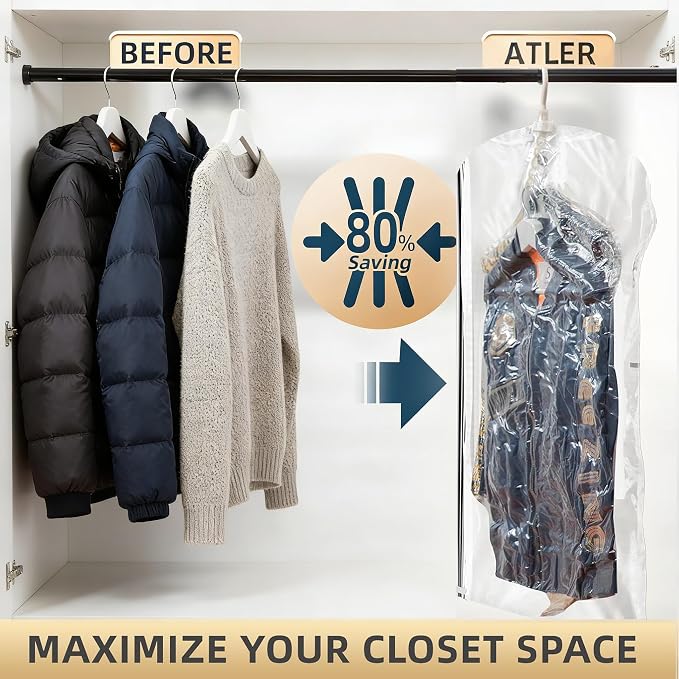 Yanhe hanging vacuum storage bags for coats, 27x43 in 6PCS, vacuum storage bags,Clothing protection, dustproof and anti-aging protection to prevent wrinkles for Clothes, Suits, Coats or Jackets