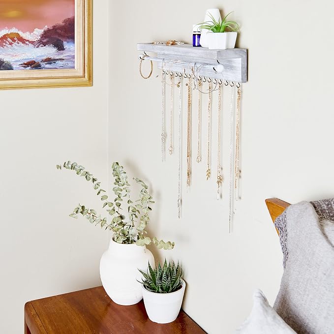 Rustic White Necklace Jewelry Organizer - Wall Mount Jewelry Holder - Mounted Hanging Jewelry Storage Hooks for Necklace, Earrings, and Rings - Farmhouse Wood Decor Bedroom Boho Shelf Rack
