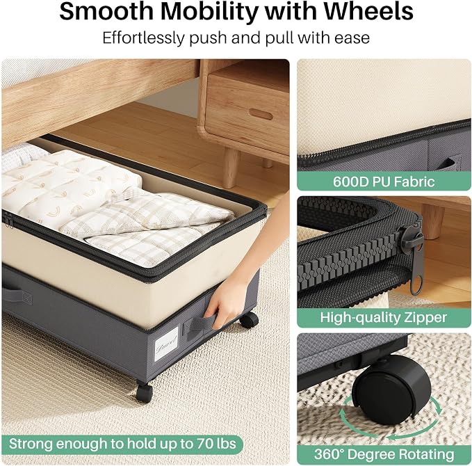 Kitstorack 2Pack Height-adjustable Under Bed Storage with Wheels, Under Bed Storage Containers,Under Bed Shoe Storage Organizer with Clear Window&Label, Suitable for Clothes Storage, Beige & Gray