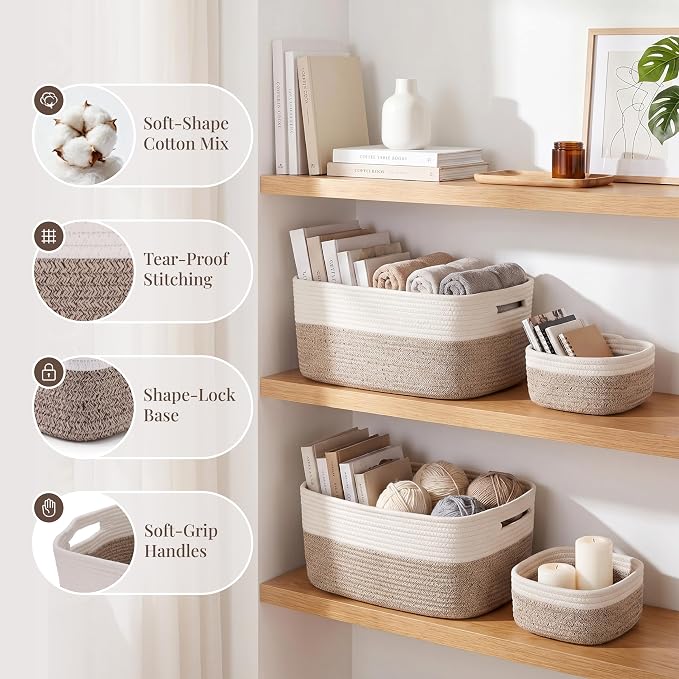 4-Pack Large Woven Rope Storage Baskets, 2 Sizes Organizer Bins | Fabric Cube Boxes and Rectangular Shallow Bins for Closet, Shelf, Bookshelf, Nursery, Changing Table, Bathroom, Toys & Home