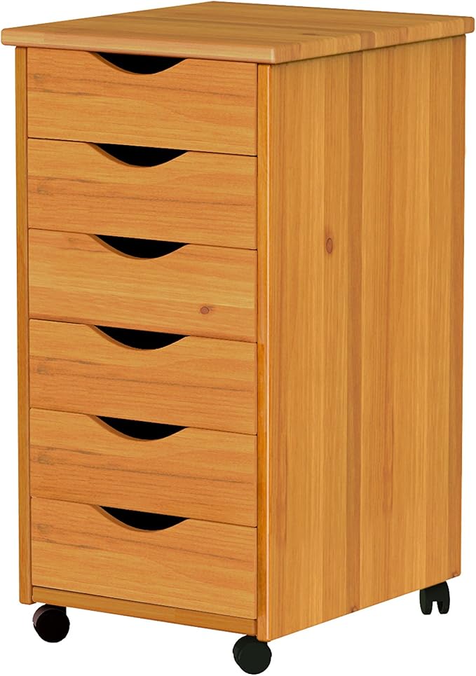 Jela-USA Solid Pine Wood 6 Drawer Rolling Cart, Honey Pine