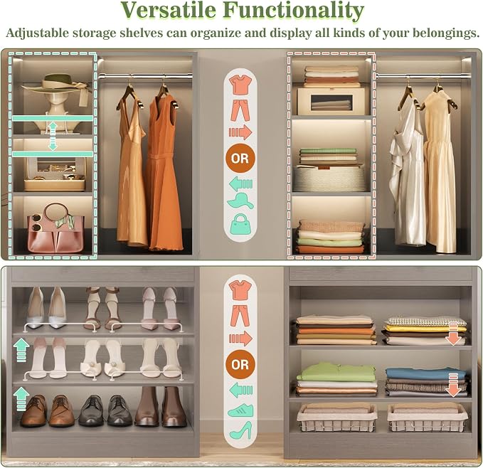 Besiost Closet System with 2 Drawers, 3 Hanging Rods, 59.5" * 31.5" Closet Organizer System with Corner Tower, Reversible L Shaped Walk-in Closet System, Corner Closet System Set of 2, Morandi Grey