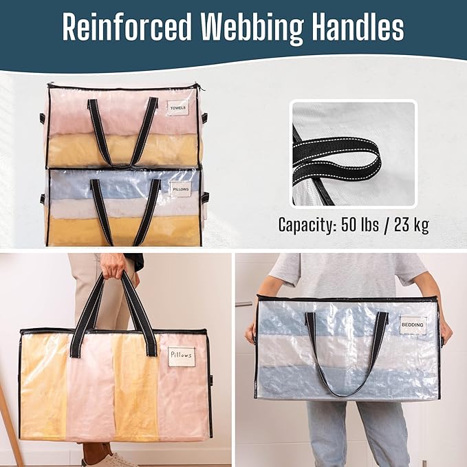 VENO 6 Pack Heavy Duty Moving Bags, Clear Storage Bags for Clothes and Comforters, College Dorm Essentials Packing Supplies, Foldable Boxes Alternative (Clear, 6 Pack)
