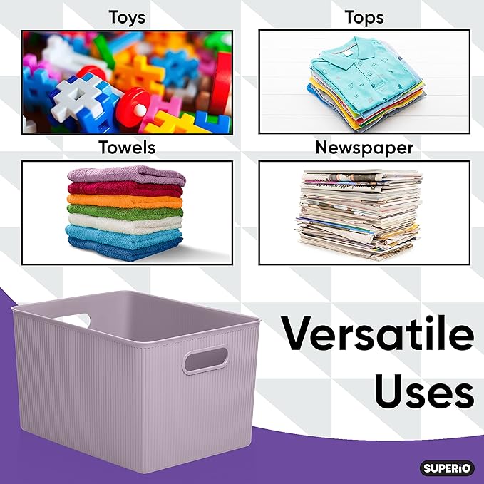 Superio Ribbed Collection - Decorative Plastic Basket Open Home Storage Bins Organizer, X-Large Lilac Purple (6 Pack) Container Boxes for Organizing Closet Storage Bins for Shelves 22 Liter/23 Quart