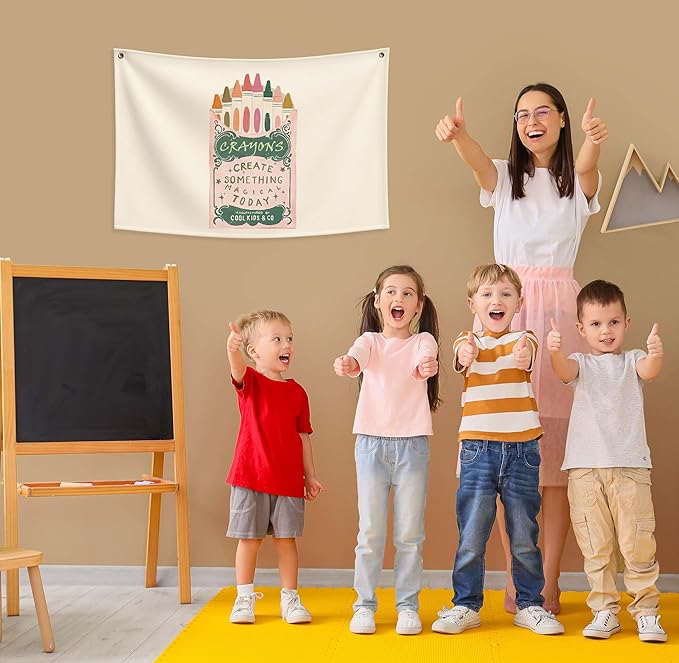 Classroom Wall Flag Decor-Teacher Gift-Inspirational Back to School Wall Banner Decor-Crayons Create Something-Hanging Rectangular Canvas Banner for Classroom Teacher Office Reading Corner