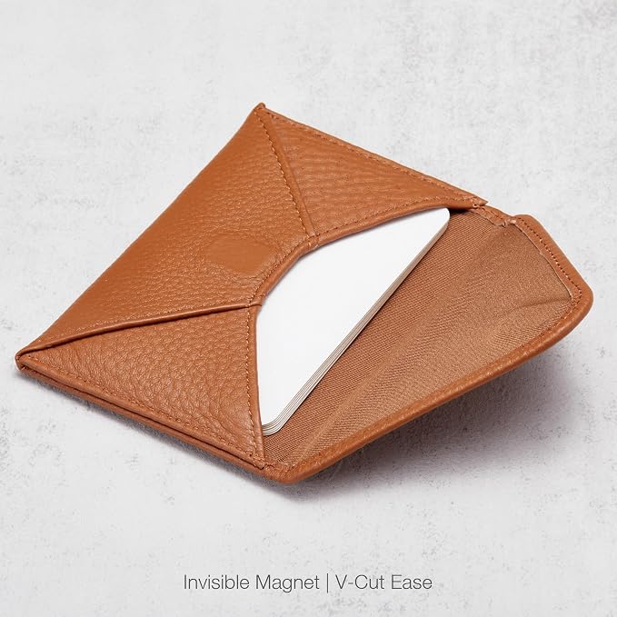 HISCOW Italian Pebbled Leather Business Card Holder, Minimalist Full Grain Envelope Card Case with Hidden Magnetic Closure, 0.19 Inch Slim Front Pocket Wallet for Men and Women, Cognac Brown
