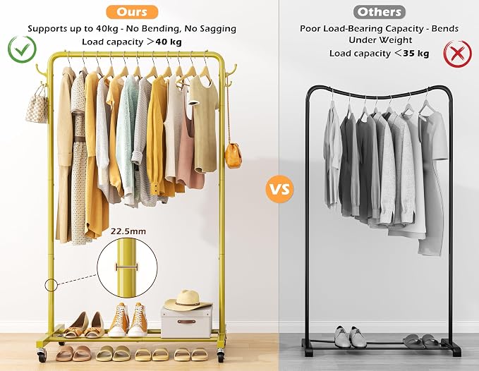 HOMIDEC Clothes Rail, Metal Clothes Rack with 4 Side Hooks, Bottom Storage Shelf and Wheels, Heavy-Duty Clothing Rail Holds Up to 40kg, Clothes Rails for Bedroom, Hallway, Clothing Stores, Golden