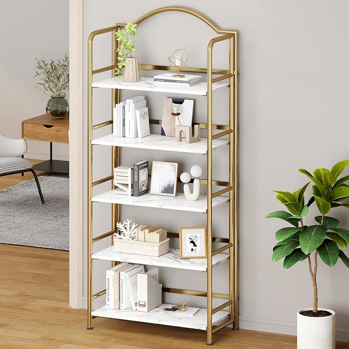 Gold Folding Bookshelf 4 Tiers, No Assembly,Vintage Storage Rack,White&Gold | Vintage Bookcase Multifunctional Plant Flower Stand, Storage Shelves Organizer for Home Office,Living Room,Dorm