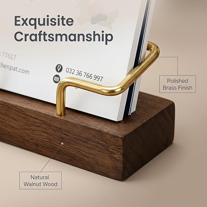 Solid Walnut Wood Business Card Holder, Brass Metal Arc Baffle Desktop Name Card Display Stand for Office Reception, Trade Show and Desk Organization Black