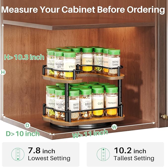 SNTD Spice Rack Organization for Cabinet - Height Adjustable Rotating Lazy Susan Organizer, Spice Organizer Fits Cabinets Wide＞ 11 inches, Clearance Height ＞10.5 inches