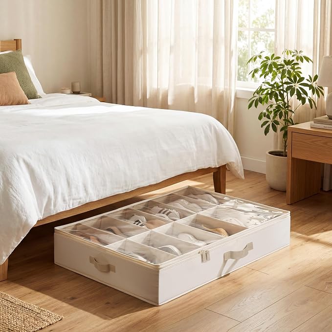 StorageWorks Underbed Shoe Storage Organizer, Fits up to 24 Pairs, Ivory | Cottlyn Fabric, Adjustable Dividers, 5.25" Height, Fits 6-inch+ Clearance, Clear Top, Soft Handles, For Closet, Bedroom