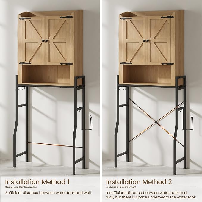 Memobarco Over The Toilet Storage Cabinet with 2-Door & Metal Stand, Wood | Toilet Paper Holder, 3 Extra Hooks, Anti-Tipping Device, With Adjustable Shelves, for Bathroom, Restroom, Laundry