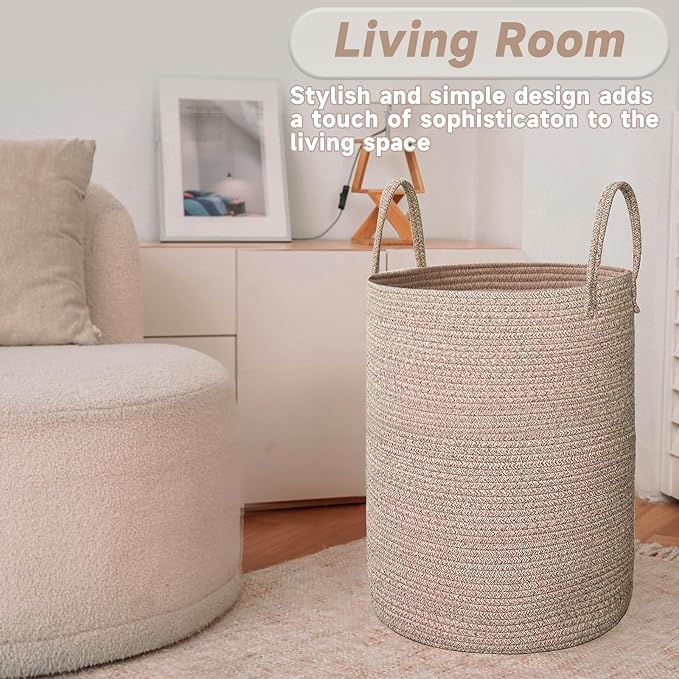JMvicyroam Large Woven Laundry Basket Hamper,80L Cotton Rope Storage Bin for Blankets,Toys and Clothes,Decorative Tall Nursery Hamper for Living Room,Baby Nursery,Bathroom and Bedroom,Oatmeal