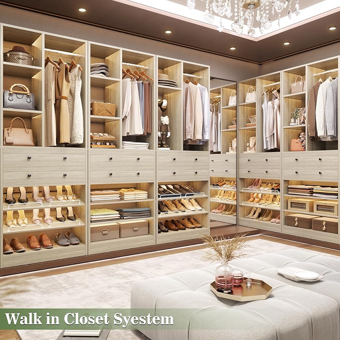 Besiost Closet System, 111"/9.3 FT Closet Organizer System with 8 Drawers and Shelves, Can Fit 120"/10FT Walk-in Closets Systems, Free Standing Reach in Closet Tower, Load 2400+LBS, Greige 4 Pack