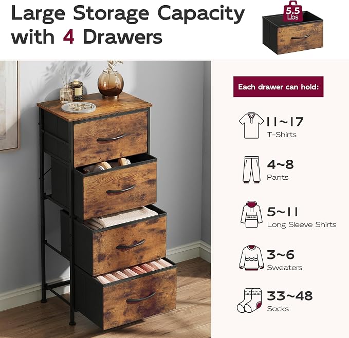 WLIVE Dresser with 4 Drawers, Fabric Storage Tower, Organizer Unit for Bedroom, Hallway, Entryway, Closets, Sturdy Steel Frame, Wood Top, Easy Pull Handle, Rustic Brown Wood Grain Print