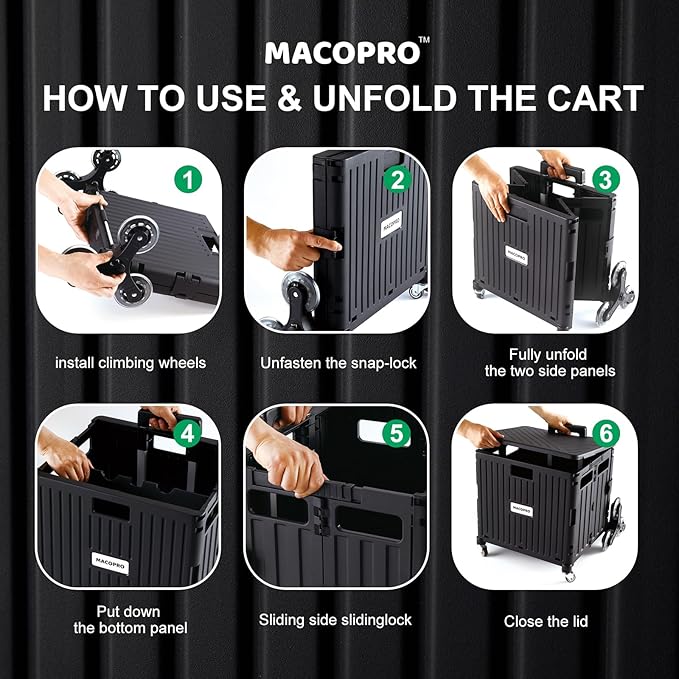 MACOPRO Foldable Utility Cart with Stair Climbing Wheels, Collapsible Rolling Crate with Telescoping Handle, Folding Shopping Trolley Handcart Grocery Book File Tool Teacher Storage Basket (Black)