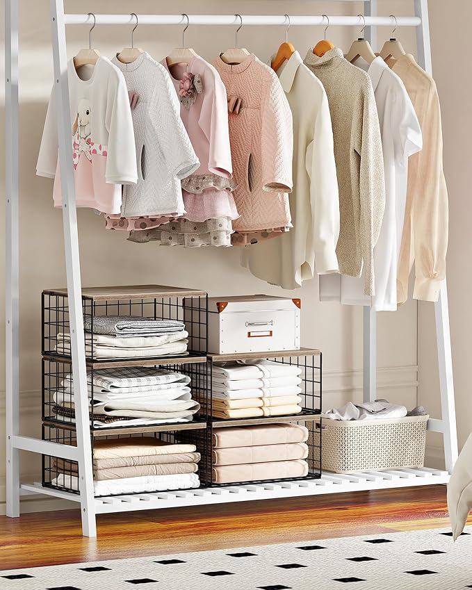 CHOEZON 3-Tier Stackable Closet Organizers and Storage, Closet Shelves Storage Bin Baskets with Wooden Upper Surface, Clothes Storage Cubes for Wardrobe and Closet Organization, Greige and Black