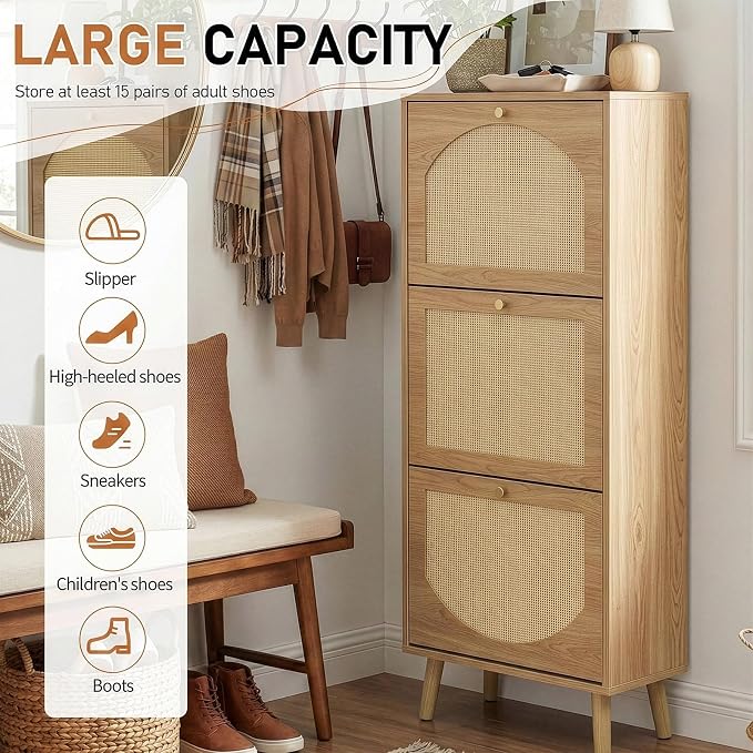 Karl home Natural Wood Rattan Shoe Cabinet, Entryway Storage Organizer | Hidden Shoe Rack with 3 Tilt-Out Compartments for Heels, Slippers and Casual Shoes, Space Saving Entryway Furniture