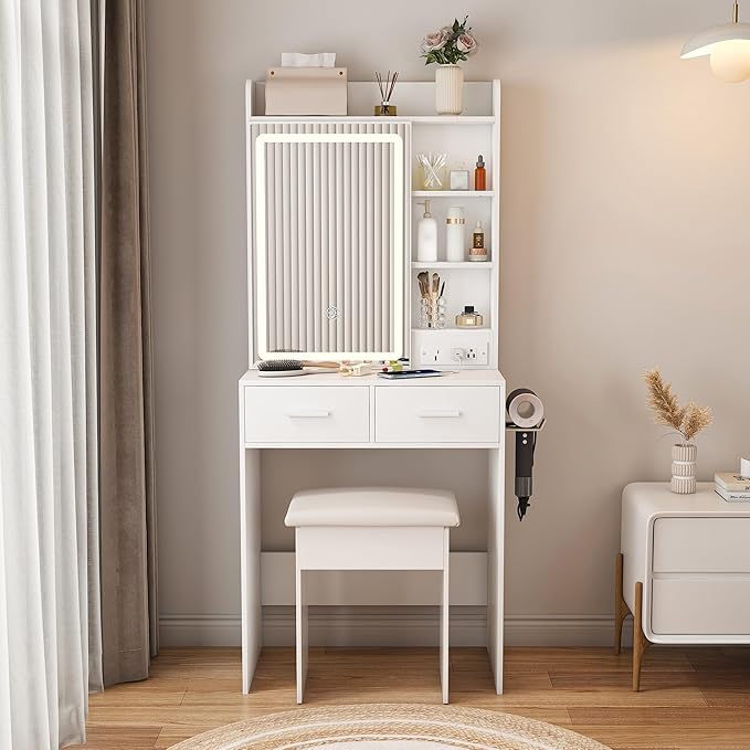 Small Makeup Vanity Desk with Mirror and Lights, Vanity Table Set with Storage Drawer & Open Shelves, 3 Lighting Colors, Adjustable Brightness Mini Makeup Vanity with Stool (Style B)