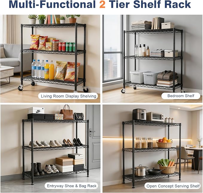 3 Tier Metal Wire Shelf Rack,35.4x17.7 x36.5(WxDxH), Heavy Duty Standing Storage Shelves with Lockable Wheels,Adjustable Wire Shelving Unit for Garage,Kitchen,Ofice,Pantry,Laundry,Black