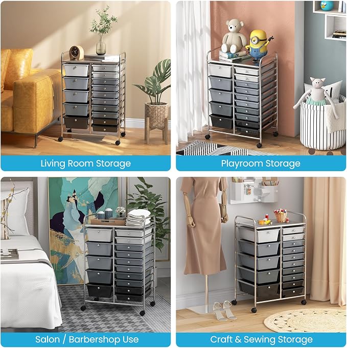 RELAX4LIFE 15-Drawer Storage Drawer Cart - Mobile Rolling Utility Cart with Wheels, Steel Frame, Craft Organizer for Classroom Organization and Storage, School, Office, Home, Gradient Black