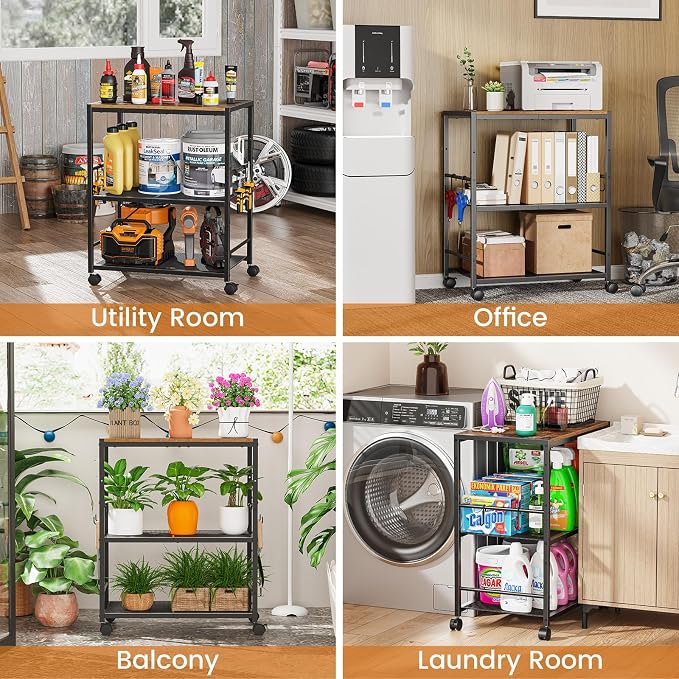 3-Tier Microwave Stand, Kitchen Microwave Cart with Adjustable Shelf | Rolling Kitchen Storage Cart on Lockable Wheels, Coffee Cart Shelf Rack Organizer for Kitchen, Living Room, Rustic Brown