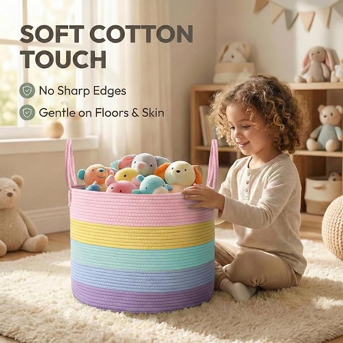JMvicyroam 115L Extra Large Machine Washable Cotton Rope Blanket Basket | Collapsible laundry hamper, Reinforced handles, For blankets, pillows, toys and clothes, Living room and bedroom, Rainbow
