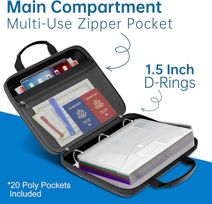 Binder Folders Organizer with 20 Pack Heavyweight Plastic Pockets,Fireproof File Folder Box with Lock,Zipper Binder Bag for Important Documents,Letter Size