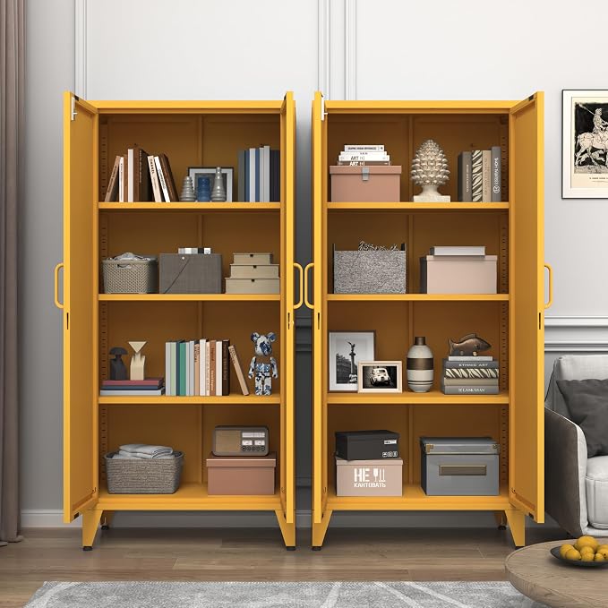 61'' Tall Metal Pantry Cabinet with Lock and 3 Adjustable Shelves,Freestanding Heavy Duty Steel Storage Locker, Yellow Metal Cabinets for Kitchen,Living Room,Laundry,Garage