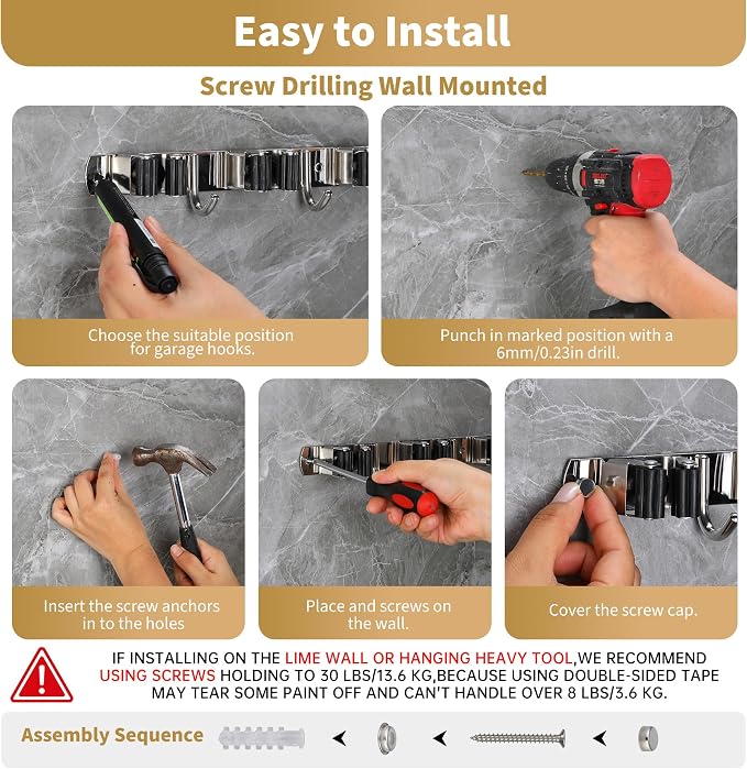 5 Racks 4 Hooks Mop and Broom Holder Wall Mount,Broom Organizer | Heavy Duty Rust-Resistant Utility Hangers, Non-Slip Grip Stainless Steel Tool Rack, Space Saver Clutter-Free Home, 1 Pc Black