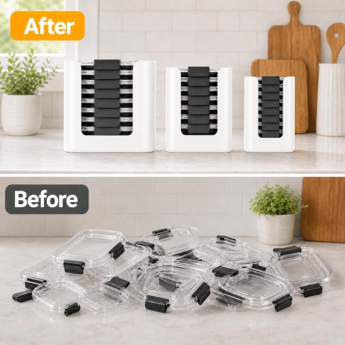 Food Container Lid Organizer for Rubbermaid Brilliance Lids, 3 Pcs Lid Organizers for Cabinet, Holds 24 Snap-On Lids, Stackable Kitchen Cabinet Organizer for 0.5, 1.3, 3.2 & 4.7 Cup Lid, White