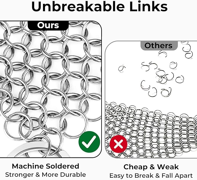 Amagabeli Cast Iron Cleaner 8"x6" Premium Stainless Steel Chainmail Scrubber Cast Iron Skillet Cleaner for Pan Pot Wok Griddles BBQ Grills Cast Iron Cleaning