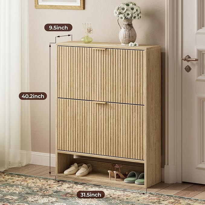 Evermagin 31.5''W Oak Shoe Cabinet Storage for Entryway, Fluted Slim Shoe Dresser with 2 Flip Drawers, Narrow Shoe Rack Cabinet, Hidden Shoe Organizer Cabinet for Entrance, Hallway