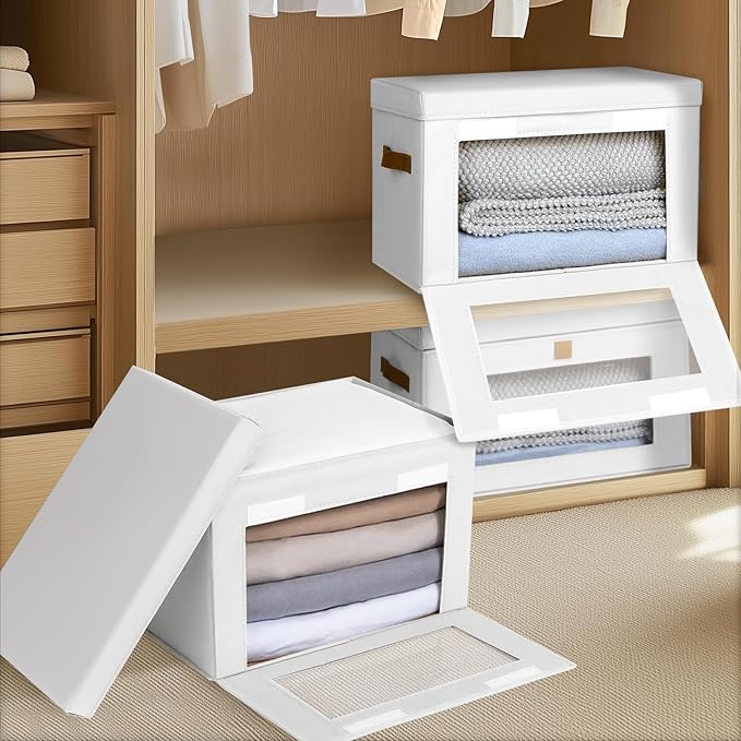 Homsorout Large Clothing Storage Bins - Collapsible Boxes with Handles & Window, Decorative Organizer Bins with Lids, Fabric Containers for Living Room, Dorm, 4 Pack, White