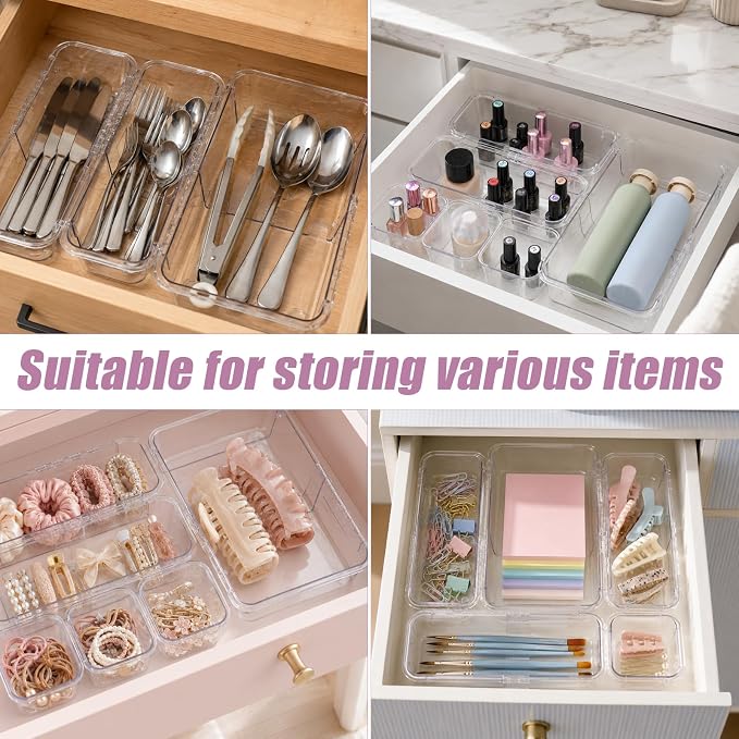 14 Pcs Clear Drawer Organizer, Adjustable Drawer Organizer, 3-Size Expandable Drawers Organizers for Makeup, Cosmetic, Kitchen Utensils, Bedroom Dressers, Tool Organizers for Gadgets