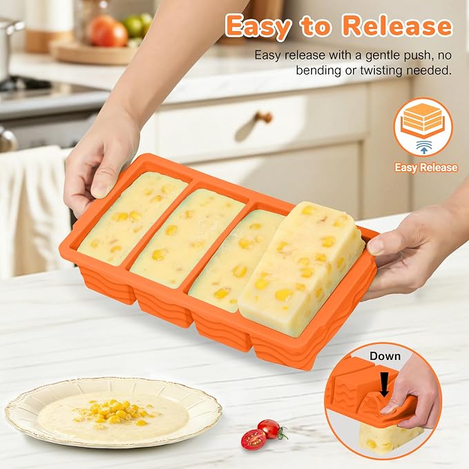 Silicone Freezer Trays with Lid (4-Pack), 1-Cup, 2-Cup, 1/2-Cup & 2-Tbsp Silicone Freezer Molds, Stackable Soup Freezer Meal Prep Containers,Ice Cube Tray for Making Sauce,Smoothies,Yogurt Bites
