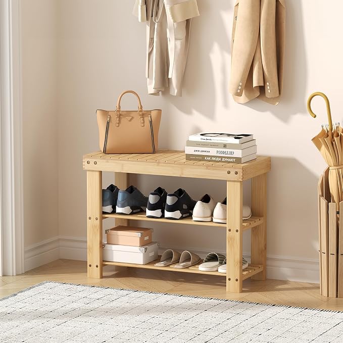 NEWBULIG Shoe Rack Bench, 3-Tier Bamboo Shoe Organizer, Wooden Entryway Storage Bench, 286 lb Load Capacity, 11.2x27.6x17.9 Inches, for Entryway Bathroom Bedroom Balcony, Wood