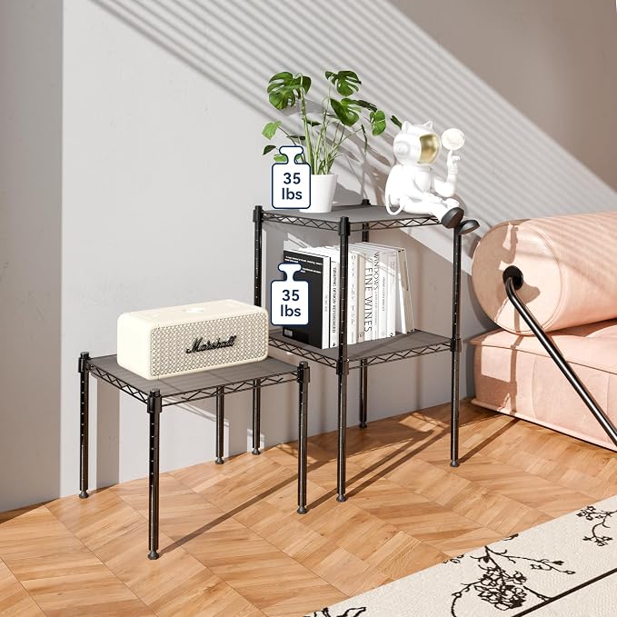 Whitmor 1 Tier Supreme Stacking Shelving Unit, Wire Metal Home Storage Organizer, 15" L x 14" W x 15" H, Black W/Liner