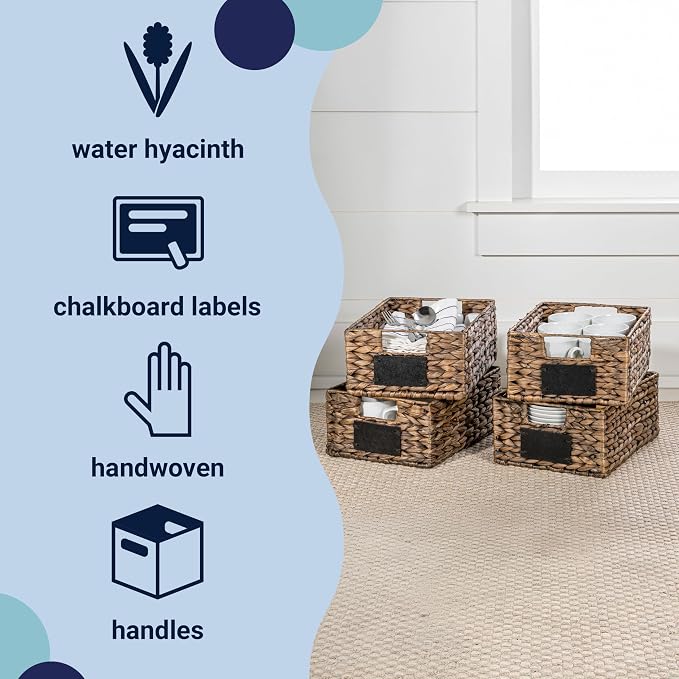 happimess Lane Hyacinth Wicker Pantry Baskets 9"x12"x5", Brown, Set of 4 | Handwoven Decorative Seagrass Containers, Chalkboard Labels, Built-In Handles, Classic Farmhouse Style, Iron Metal Frame