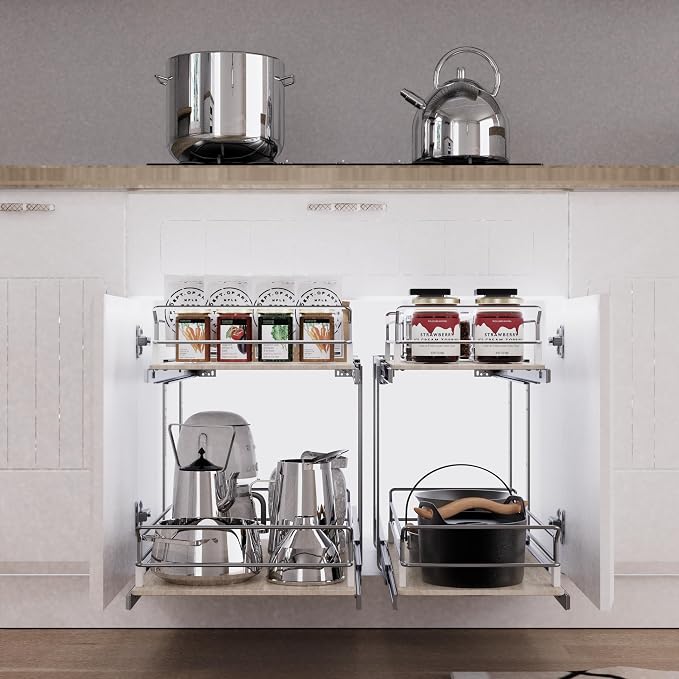 2 Tier Pull Out Cabinet Organizer 17.45" W X 22" D, Wood & Chromed | Full Slide Out Drawers For Kitchen Cabinets, Cabinets Capacity Heavy Duty Caddy, Cabinet Pullout Shelves , Pantry Storage